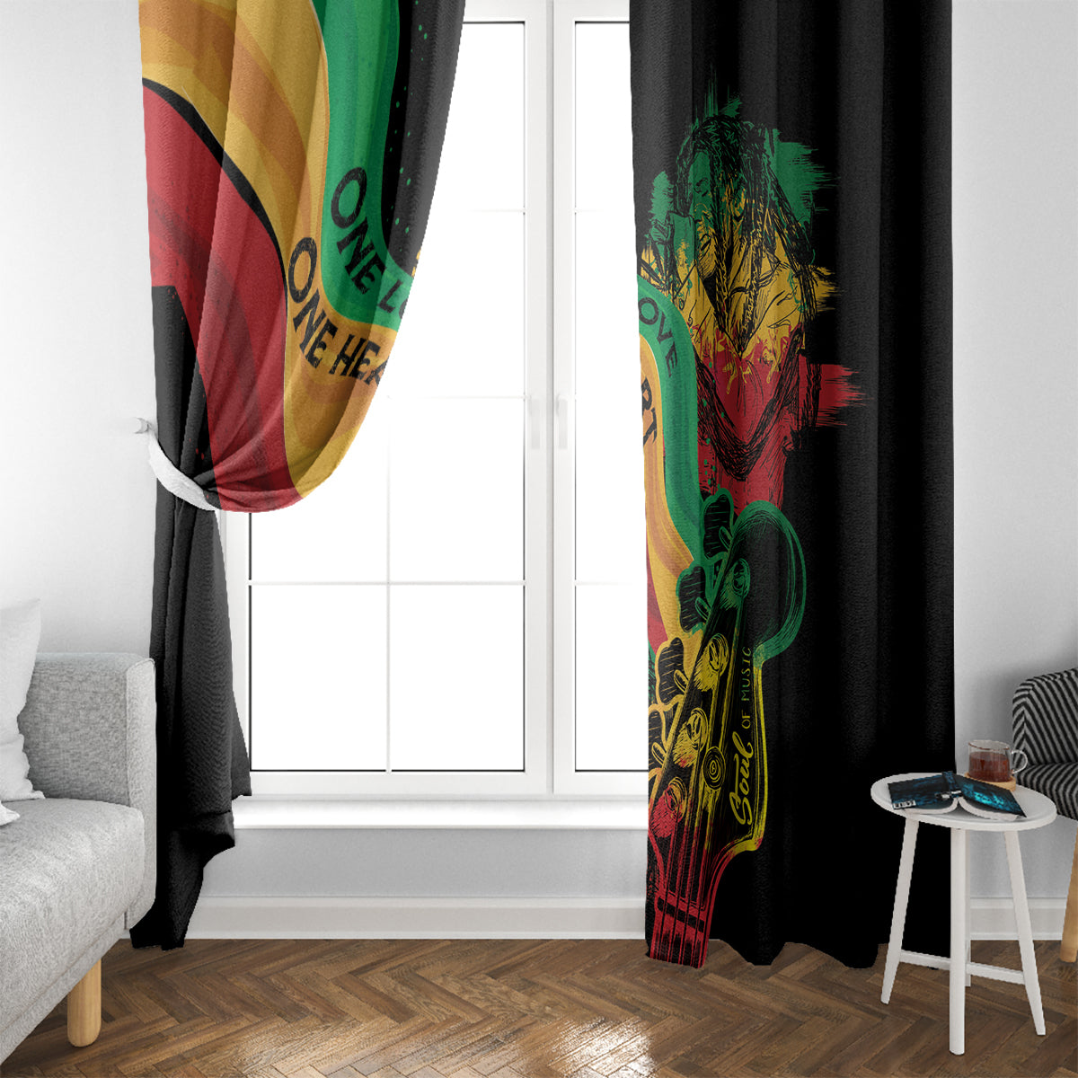 Reggae window curtain panels with red, yellow, green flag design on black.