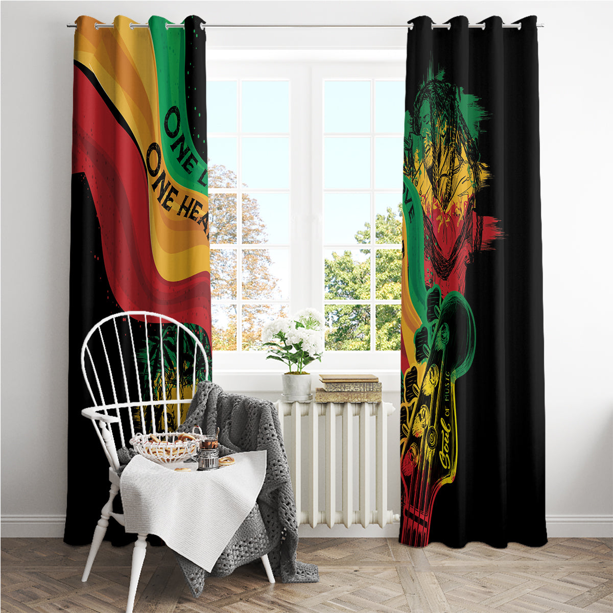 Reggae window curtain panels with colorful flag motif and lion artwork on black.
