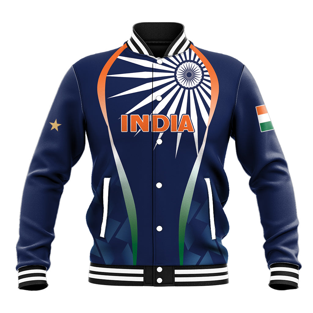 Blue baseball varsity jacket with ribbed collar, snap front, and India graphic front panel