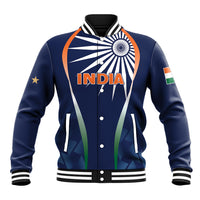 Blue baseball varsity jacket with ribbed collar, snap front, and India graphic front panel