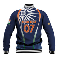 Blue baseball varsity jacket back with circular emblem, orange stripe, and 07 number graphic