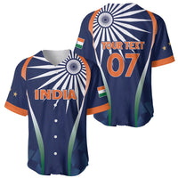 Men's blue cricket jersey set: front shows India emblem, back shows 'YOUR TEXT 07'