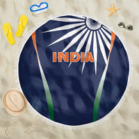 Blue round India beach blanket with fringed edge and central 'INDIA' graphic