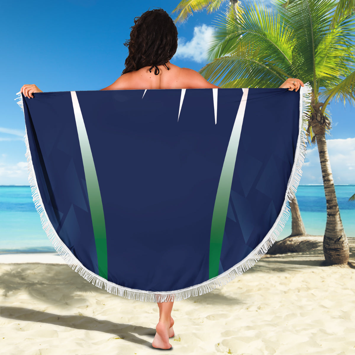 Blue India beach blanket held up, round with fringed edge and 'INDIA' emblem