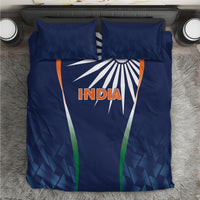 Blue India-themed duvet set: two pillows and comforter with sunburst and tricolor stripes