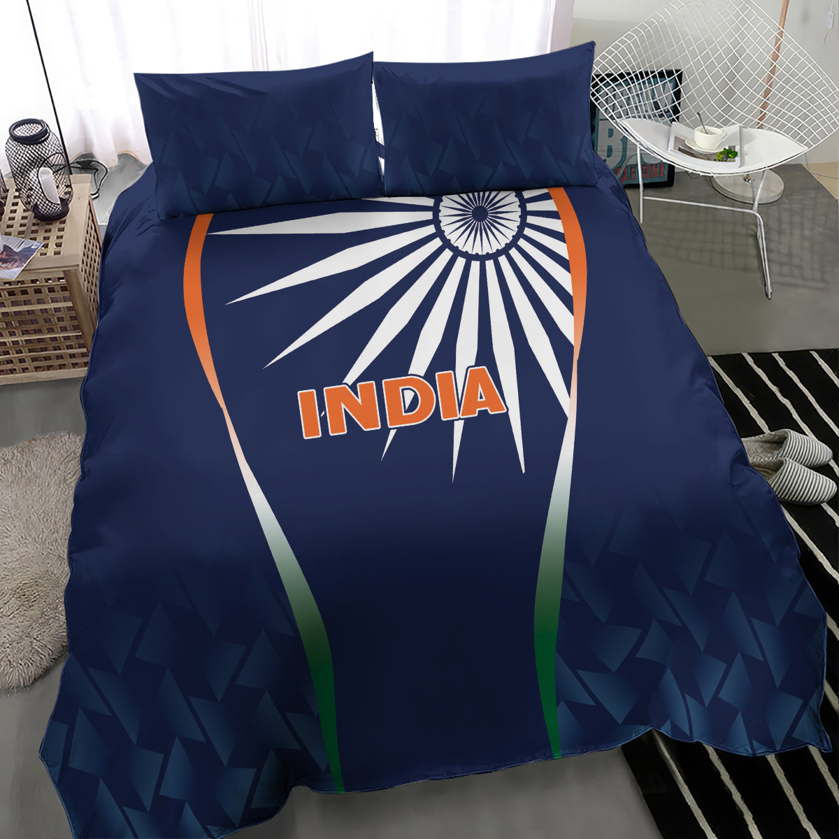Blue India-themed bedding set with duvet and two pillows, sunburst and tricolor bands