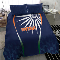 Blue India-themed bedding set with duvet and two pillows, sunburst and tricolor bands
