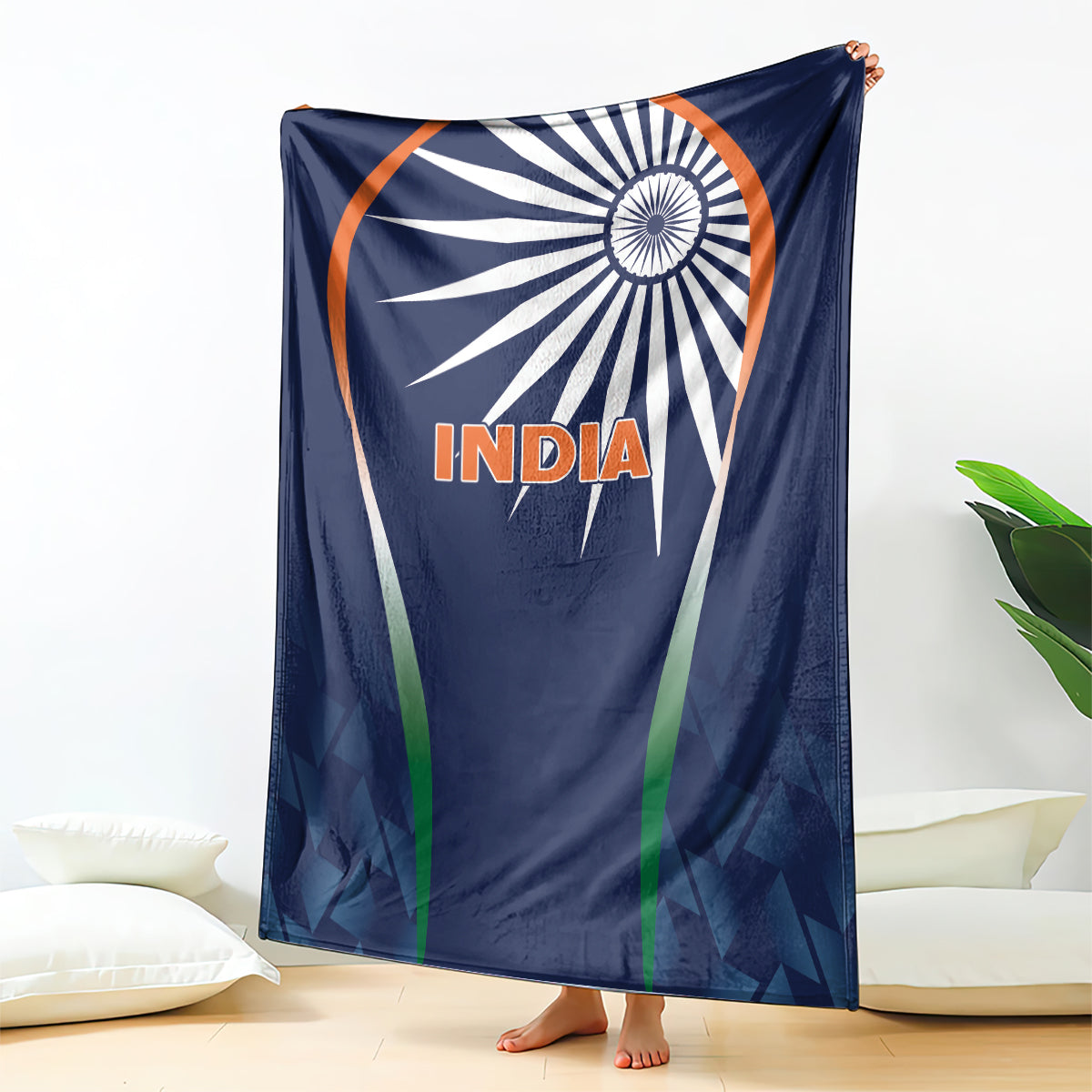Blue India cricket blanket with large white emblem and orange “India” lettering