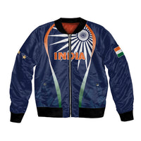 Men's blue satin bomber jacket with full-zip and India graphic on front
