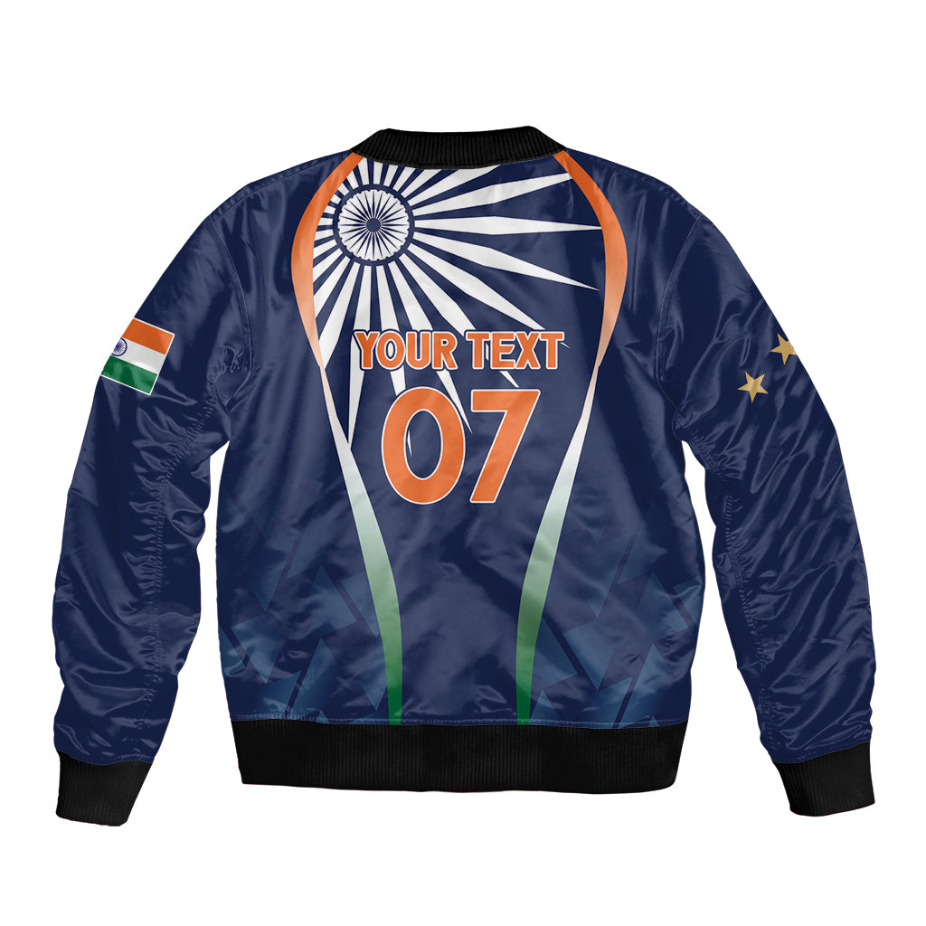 Men's dark blue satin bomber jacket with YOUR TEXT and 07 front graphic