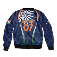 Men's dark blue satin bomber jacket with YOUR TEXT and 07 front graphic