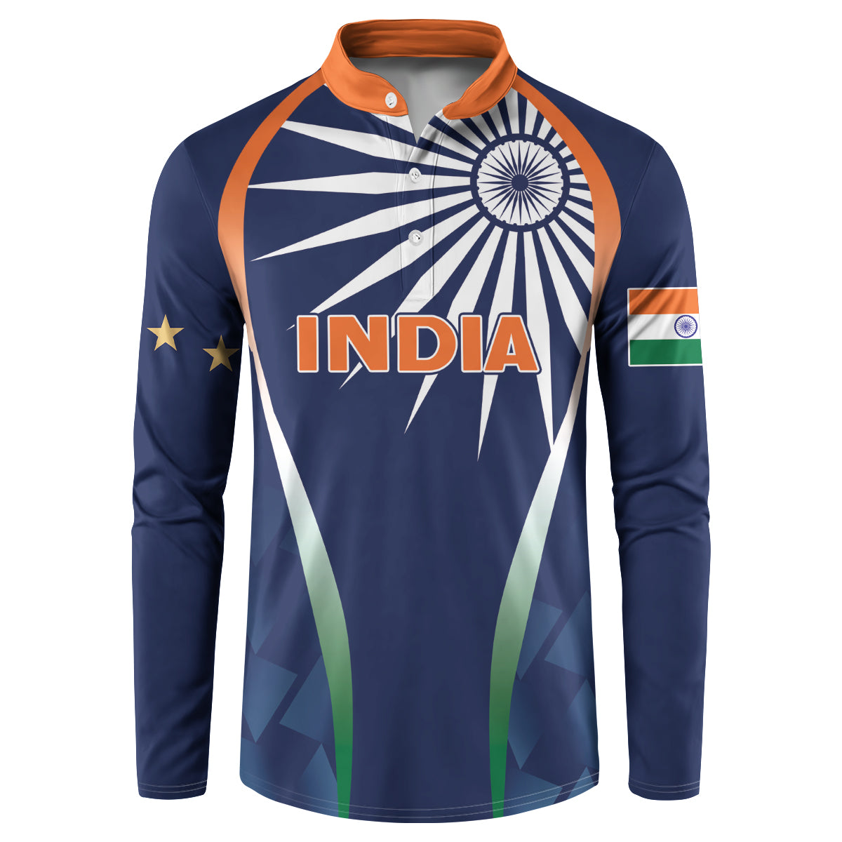 Men's blue button-up sweatshirt with India graphic, orange collar trim