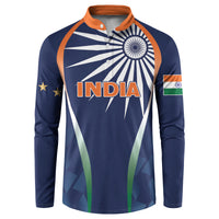 Men's blue button-up sweatshirt with India graphic, orange collar trim