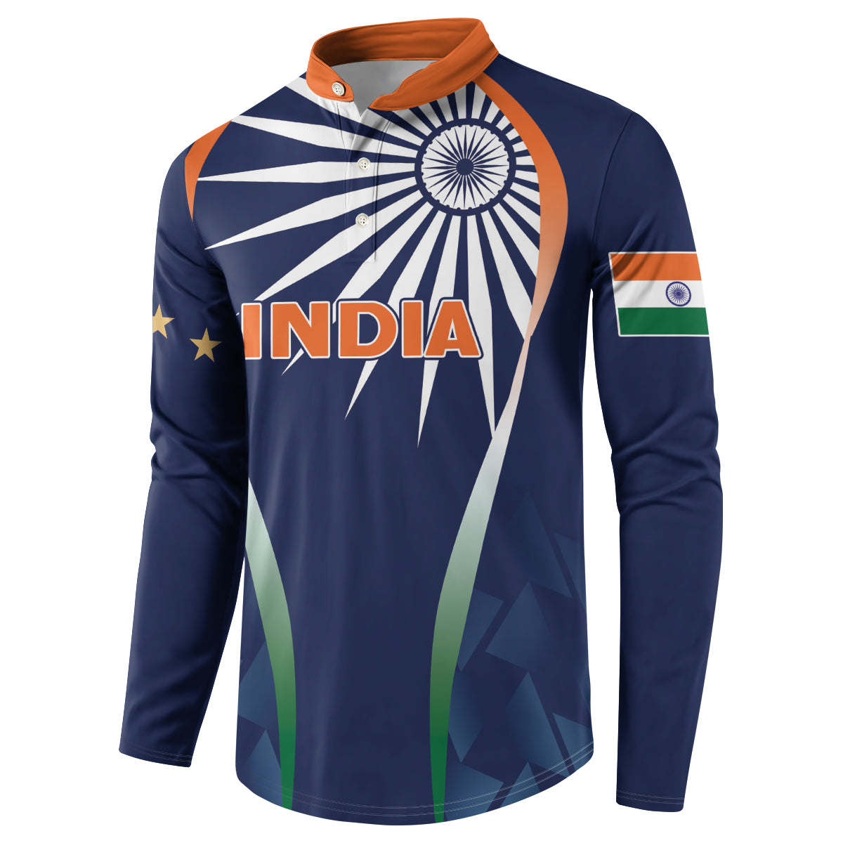 Men's blue button-up sweatshirt with centered India print and flag sleeve patch