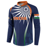 Men's blue button-up sweatshirt with centered India print and flag sleeve patch