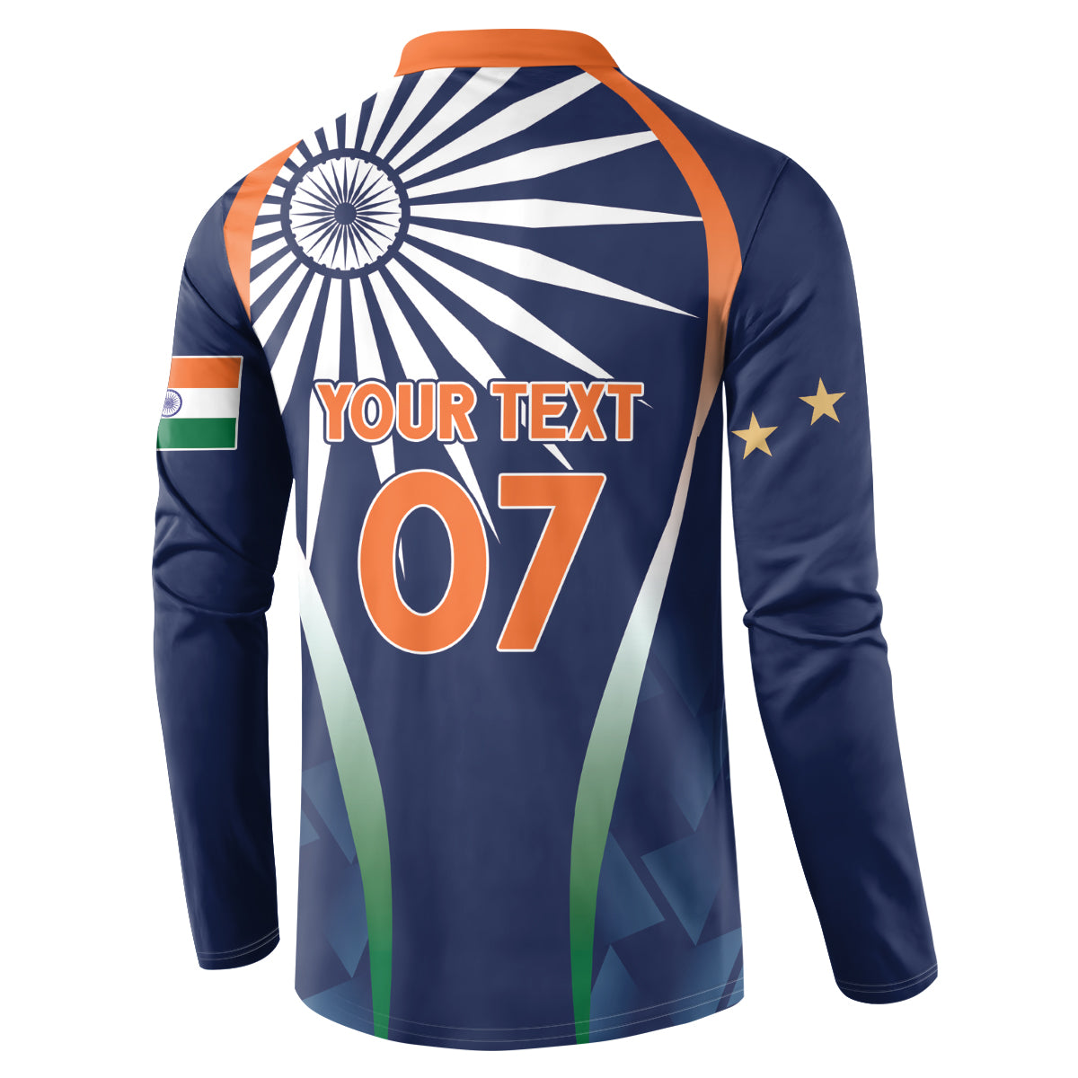 Back view men's blue button-up sweatshirt with wheel burst, YOUR TEXT 07, orange collar