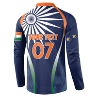 Back view men's blue button-up sweatshirt with wheel burst, YOUR TEXT 07, orange collar