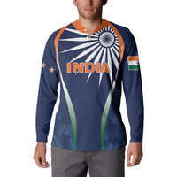 Men's blue button-up sweatshirt with orange collar trim and India banner print