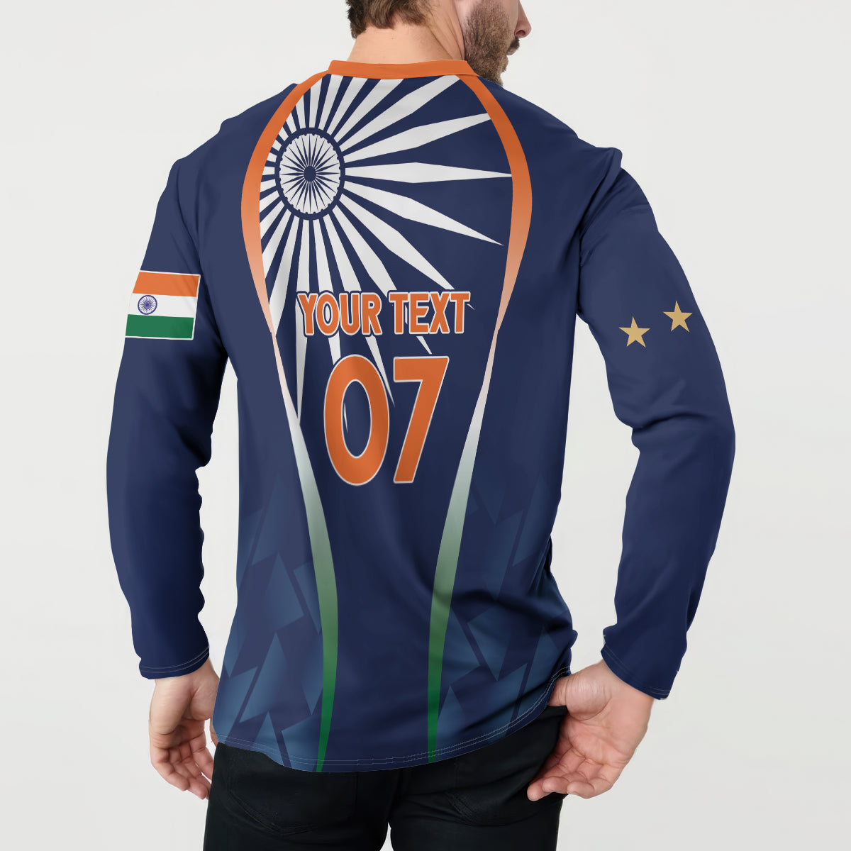 Back men's blue button-up sweatshirt with YOUR TEXT 07 and wheel graphic