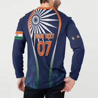 Back men's blue button-up sweatshirt with YOUR TEXT 07 and wheel graphic
