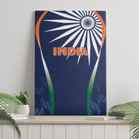Blue India canvas wall art on display, sunburst emblem with orange and green accents