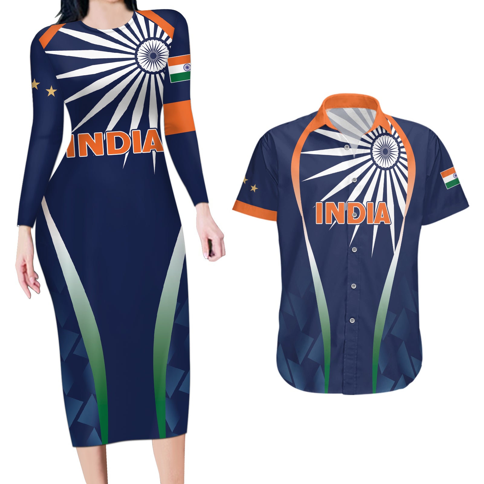 India Cricket World Cup 2024 Couples Matching Long Sleeve Bodycon Dress and Hawaiian Shirt Men In Blue Dynamic LT7 - Wonder Print Shop