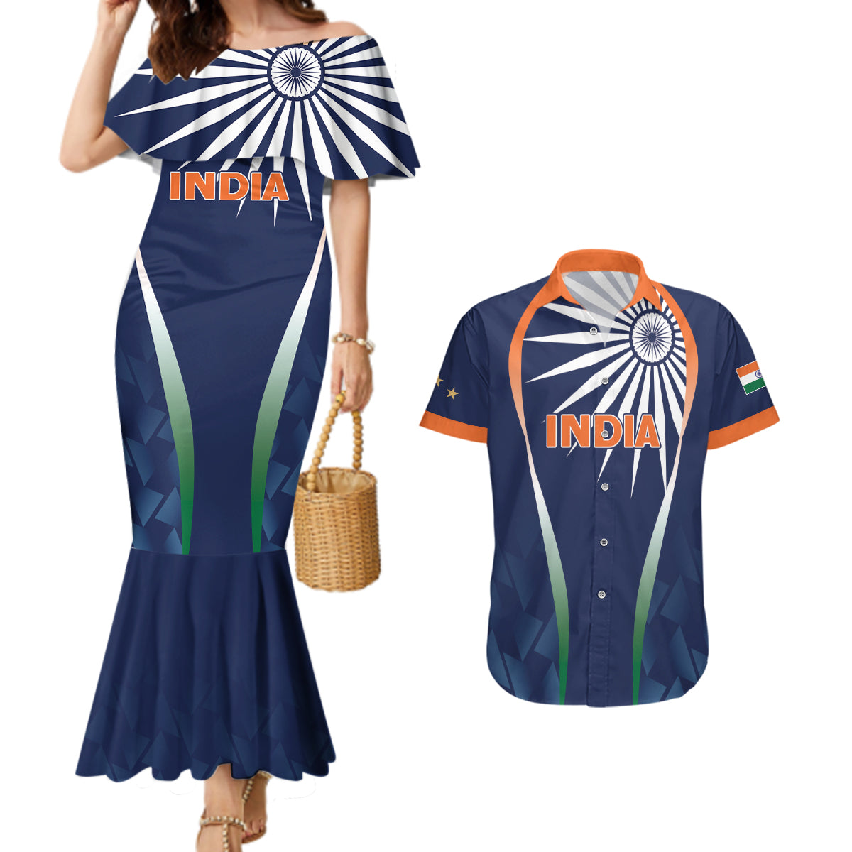 India Cricket World Cup 2024 Couples Matching Mermaid Dress and Hawaiian Shirt Men In Blue Dynamic LT7 - Wonder Print Shop