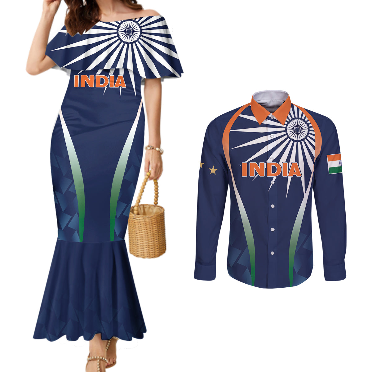 India Cricket World Cup 2024 Couples Matching Mermaid Dress and Long Sleeve Button Shirt Men In Blue Dynamic