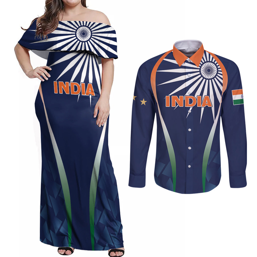 India Cricket World Cup 2024 Couples Matching Off Shoulder Maxi Dress and Long Sleeve Button Shirt Men In Blue Dynamic LT7 - Wonder Print Shop