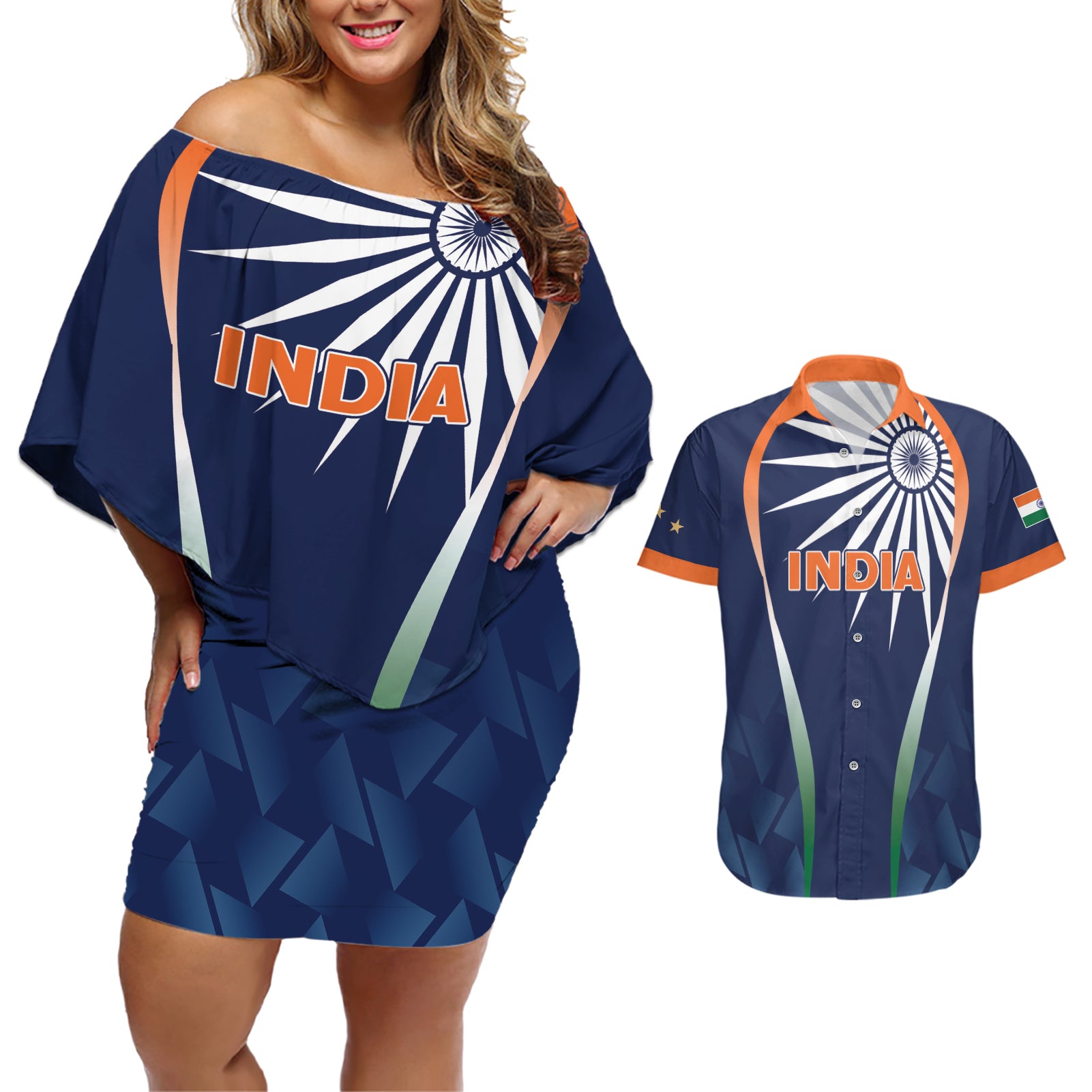 India Cricket World Cup 2024 Couples Matching Off Shoulder Short Dress and Hawaiian Shirt Men In Blue Dynamic LT7 - Wonder Print Shop