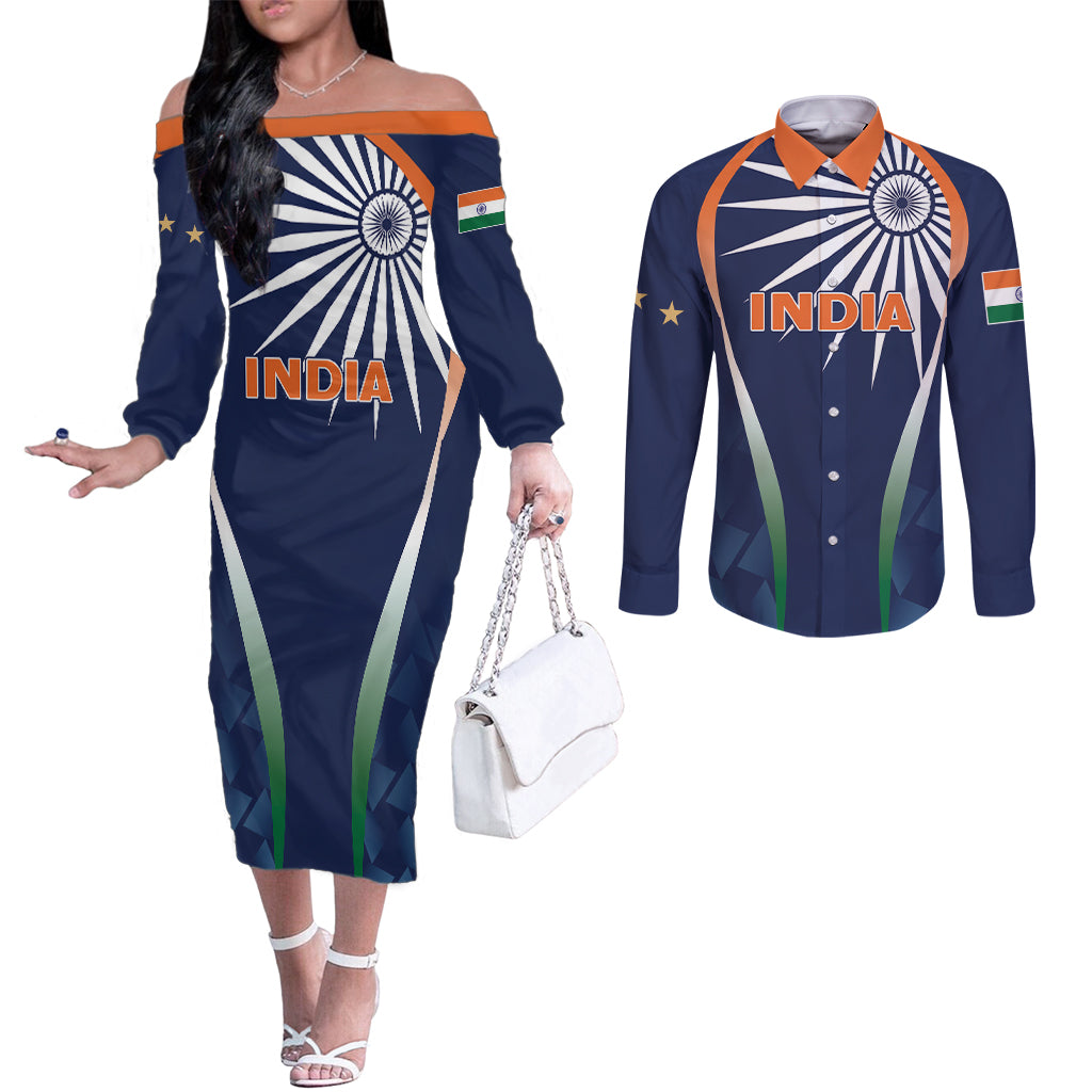 India Cricket World Cup 2024 Couples Matching Off The Shoulder Long Sleeve Dress and Long Sleeve Button Shirt Men In Blue Dynamic