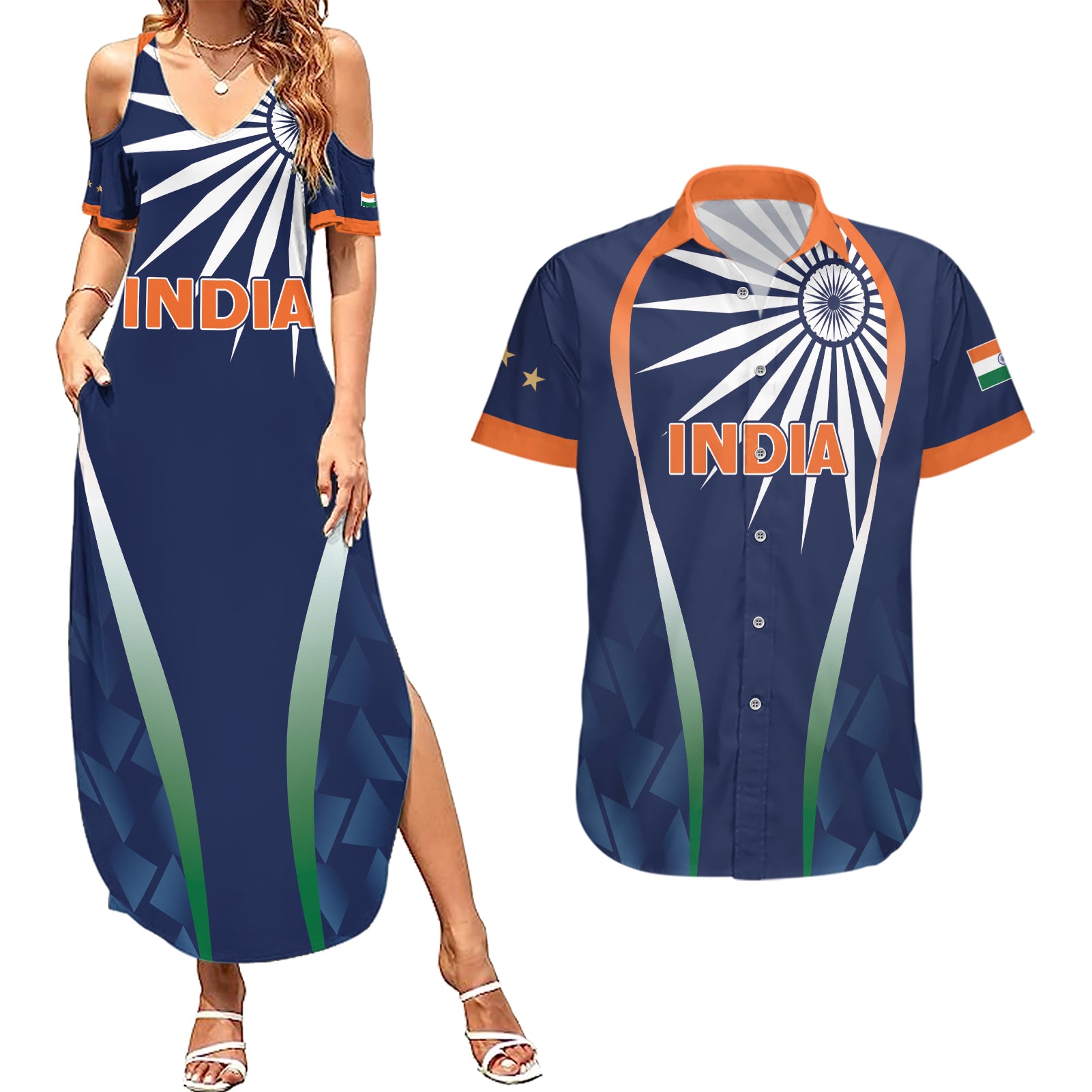 India Cricket World Cup 2024 Couples Matching Summer Maxi Dress and Hawaiian Shirt Men In Blue Dynamic LT7 - Wonder Print Shop