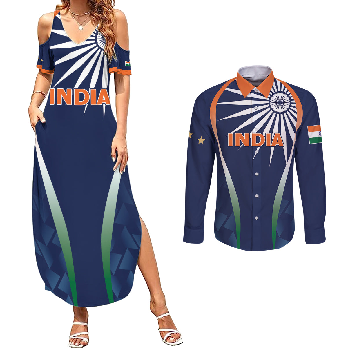 India Cricket World Cup 2024 Couples Matching Summer Maxi Dress and Long Sleeve Button Shirt Men In Blue Dynamic LT7 - Wonder Print Shop