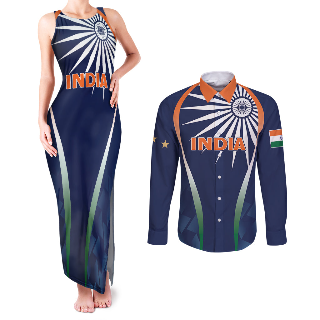 India Cricket World Cup 2024 Couples Matching Tank Maxi Dress and Long Sleeve Button Shirt Men In Blue Dynamic LT7 - Wonder Print Shop