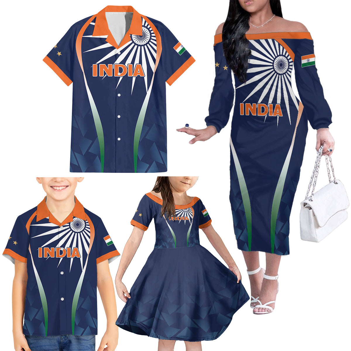 India Cricket World Cup 2024 Family Matching Off The Shoulder Long Sleeve Dress and Hawaiian Shirt Men In Blue Dynamic - Wonder Print Shop