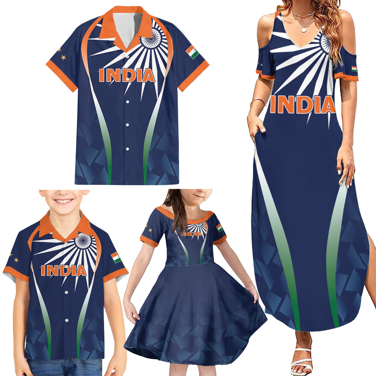 India Cricket World Cup 2024 Family Matching Summer Maxi Dress and Hawaiian Shirt Men In Blue Dynamic - Wonder Print Shop