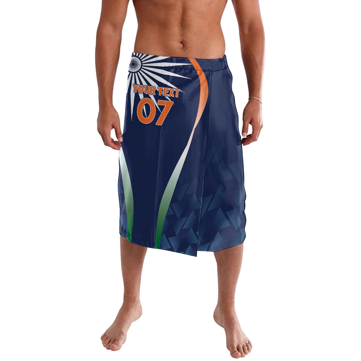Men's blue cricket shorts with central '07' design and abstract green stripe accents