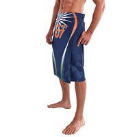Men's blue cricket shorts with side panel graphics and orange '07' text