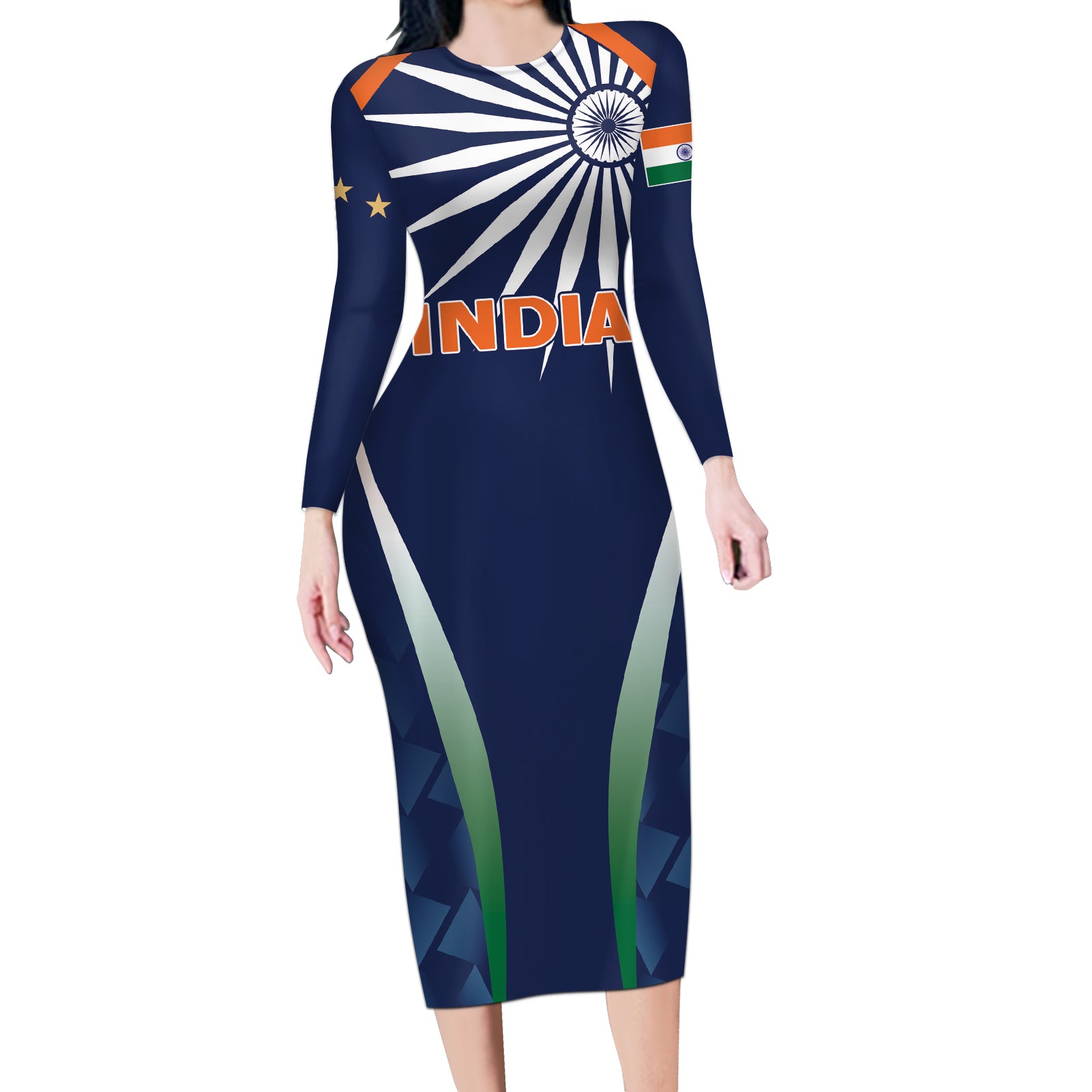 India Cricket World Cup 2024 Long Sleeve Bodycon Dress Men In Blue Dynamic - Wonder Print Shop