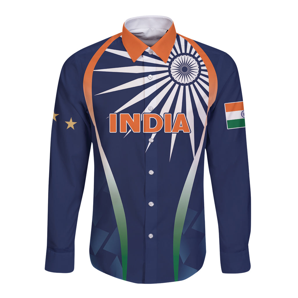Men's blue long-sleeve button shirt with orange collar and India front graphic