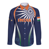 Men's blue long-sleeve button shirt with orange collar and India front graphic