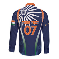 Men's blue long-sleeve button shirt with orange-trim back print 'YOUR TEXT 07'