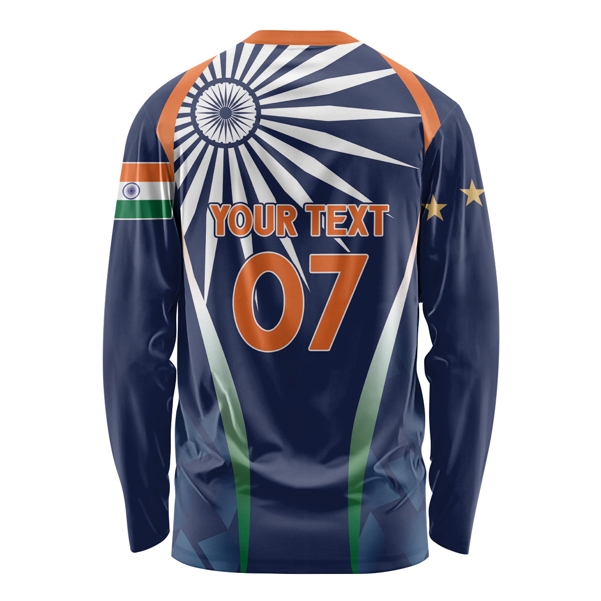 Blue long-sleeve cricket shirt back with tricolor stripe, number 07, and stars