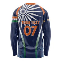 Blue long-sleeve cricket shirt back with tricolor stripe, number 07, and stars
