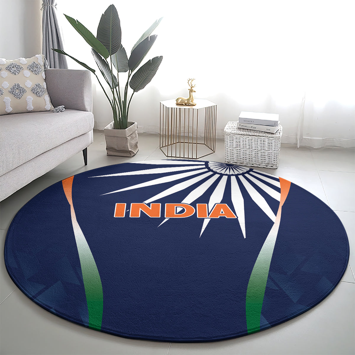 Round blue India rug with INDIA lettering and multicolor curved panel stripes