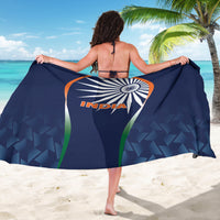 Blue India cricket sarong, center India text and wheel design (back view)