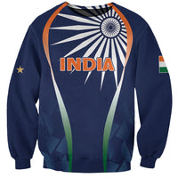 Blue sweatshirt with India graphic, circular emblem and orange text on front