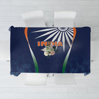 Blue tablecloth with India cricket crest and geometric fan graphic in center