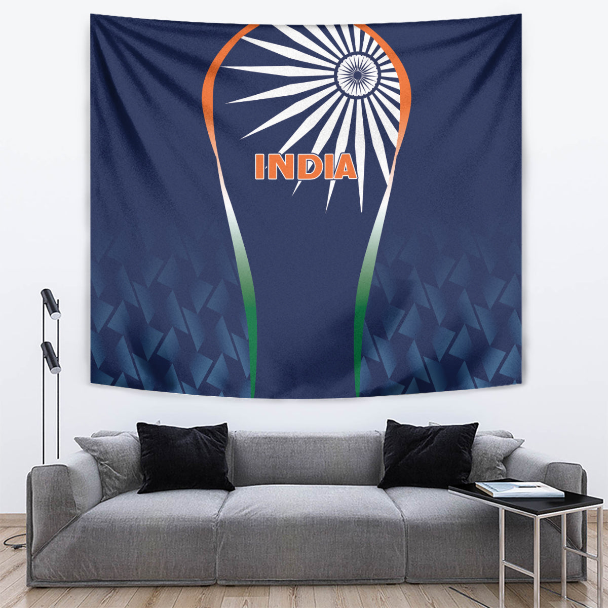 Blue cricket tapestry with INDIA text, India emblem, orange circle and green accents