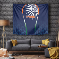 Blue cricket tapestry hung on wall with INDIA text and emblem in orange and green